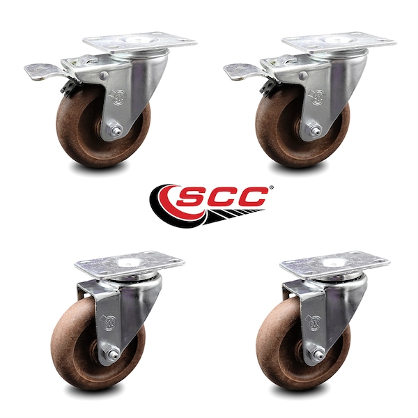 4 Inch High Temp Glass Filled Nylon Top Plate Caster Total Lock Brakes SCC, 2PK